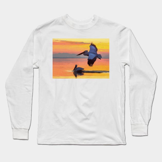 Pelican At In Flight At Sunset Long Sleeve T-Shirt by NikkiBear67